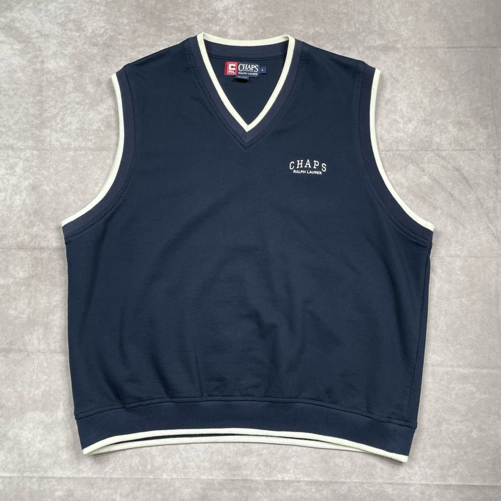 CHAPS Ralph Lauren Sweater Vest Mens L Navy V Neck Preppy Tennis Classic